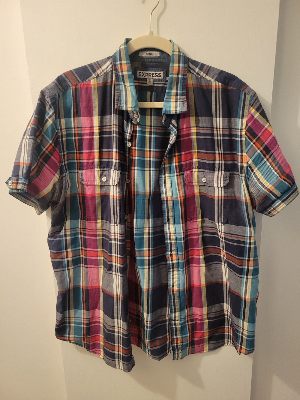 Express Men’s Short Sleeve Plaid Button-Down Shirt in Blue, Pink, Teal & Orange